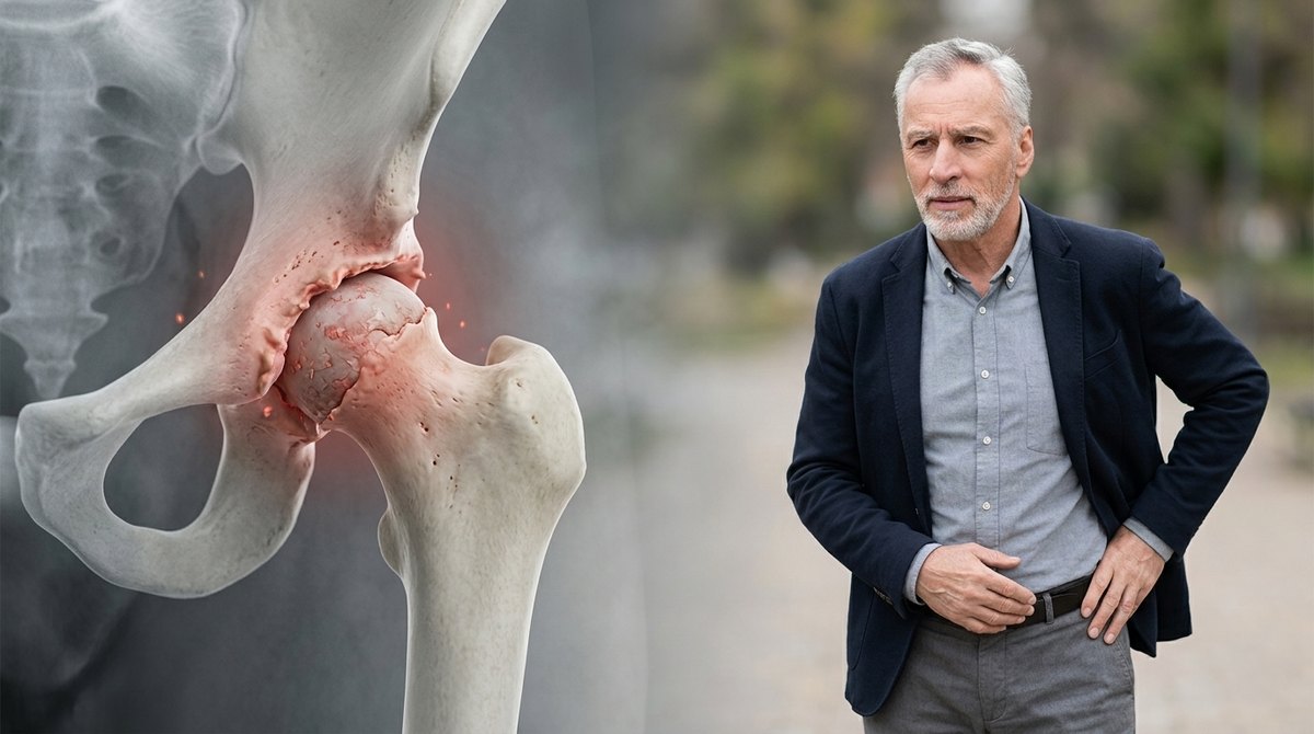 Older man holding his hip in pain beside an illustration of an arthritic hip joint, a common sign of hip osteoarthritis treated by Mr Shakir Hussain in Birmingham