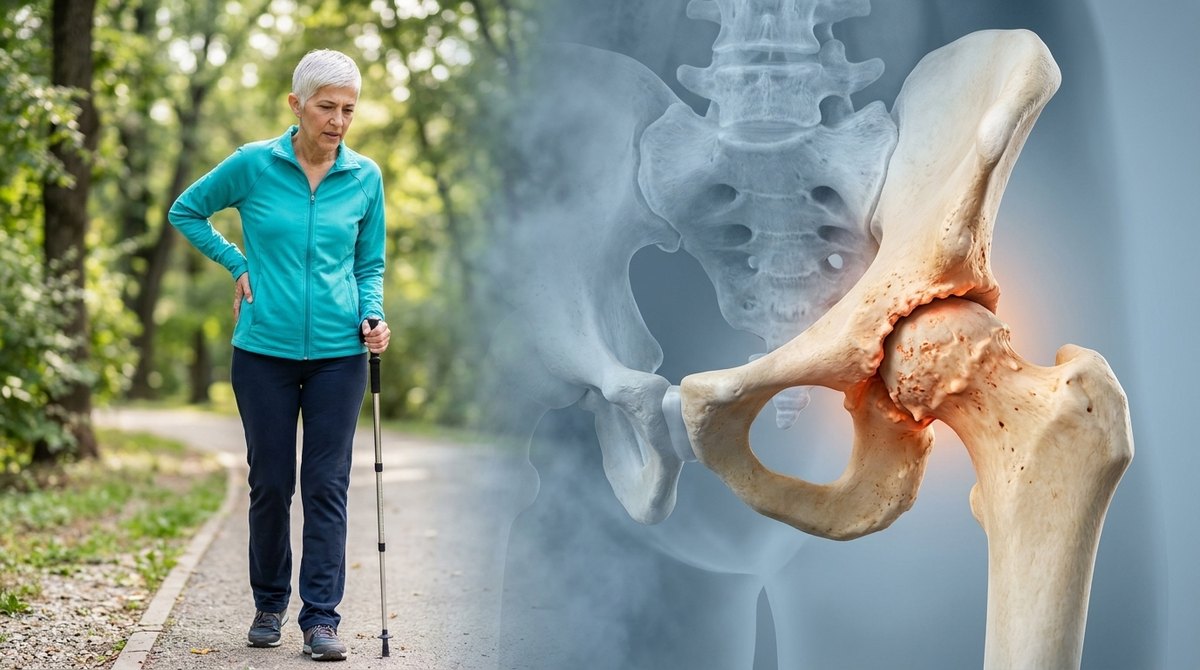 Older woman holding her hip in pain while walking with a stick beside an illustration of a painful hip joint, a sign of hip pain assessed by Mr Shakir Hussain in Birmingham