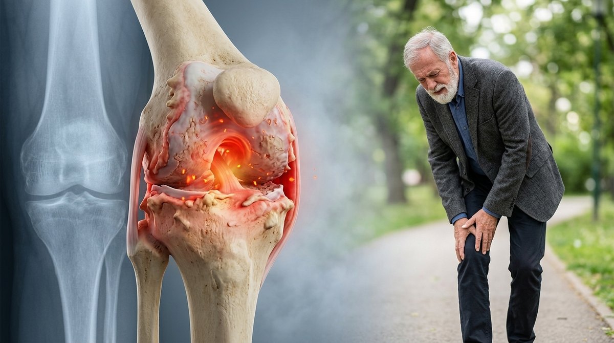 Older man bending and holding his knee in pain beside an illustration of an arthritic knee joint, a common sign of knee osteoarthritis treated by Mr Shakir Hussain in Birmingham