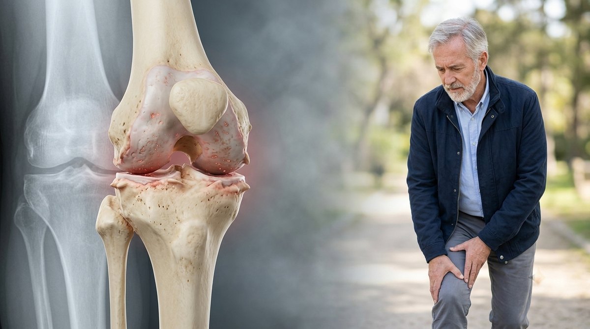 Older man holding his knee in pain beside an illustration of a painful knee joint, a sign of knee pain assessed by Mr Shakir Hussain in Birmingham