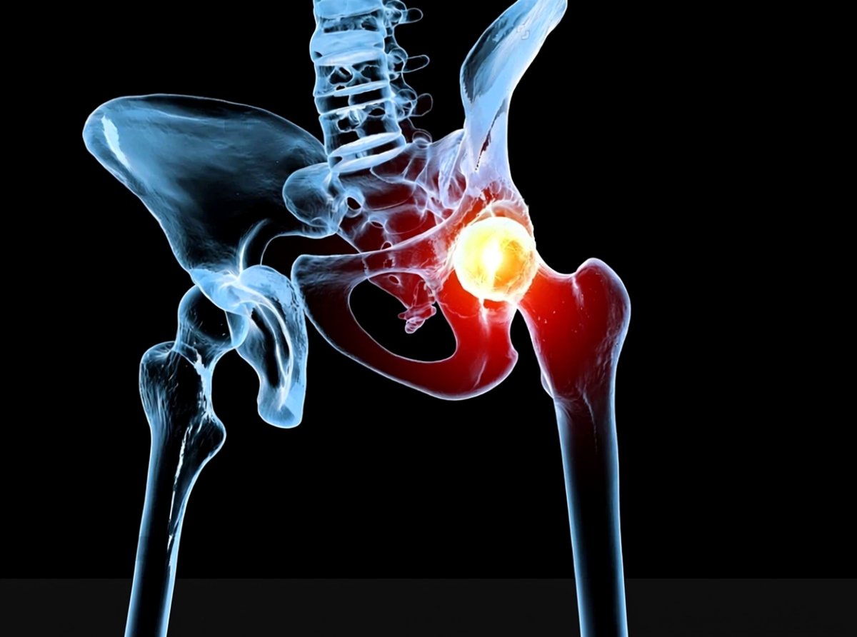 Anatomical illustration of the hip showing avascular necrosis affecting the left femoral head, highlighted area indicating bone death and inflammation in the hip joint