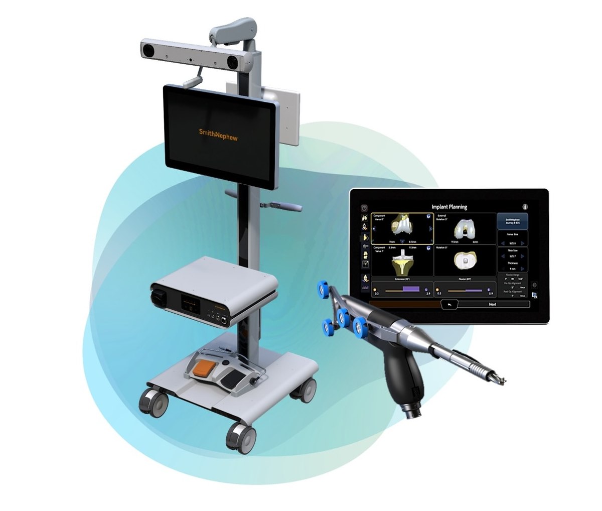 Smith and Nephew CORI robotic knee replacement system showing the handheld robotic handpiece, camera tower and real-time implant planning screen