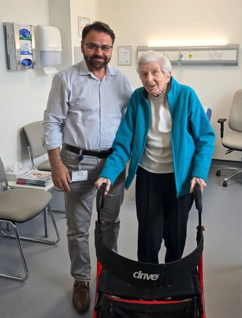Mr Shakir Hussain with Doreen, aged 97, after her successful total hip replacement at the Royal Orthopaedic Hospital