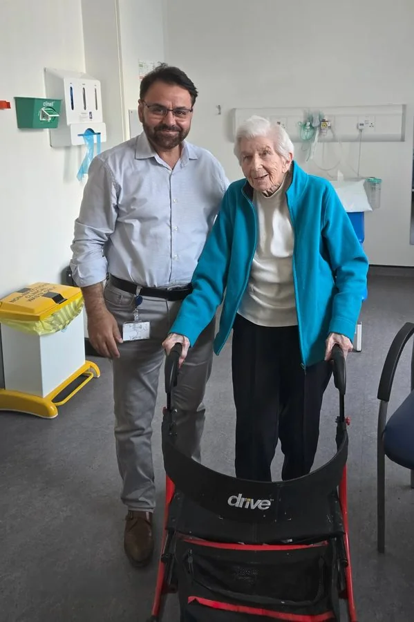 Doreen with Mr Shakir Hussain following her hip replacement surgery