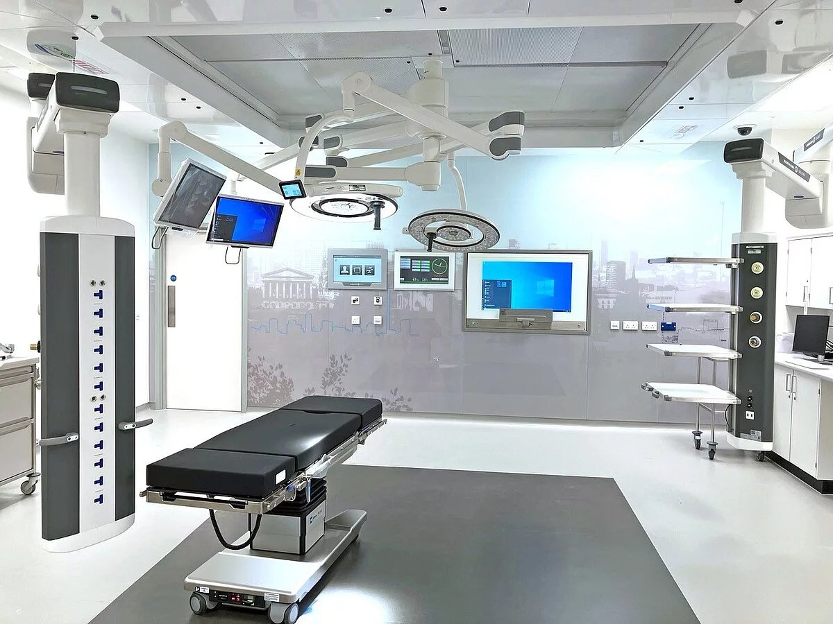 A modern operating theatre at The Harborne Hospital, HCA Healthcare UK, Birmingham, where Mr Shakir Hussain performs robotic-assisted knee replacement and hip surgery