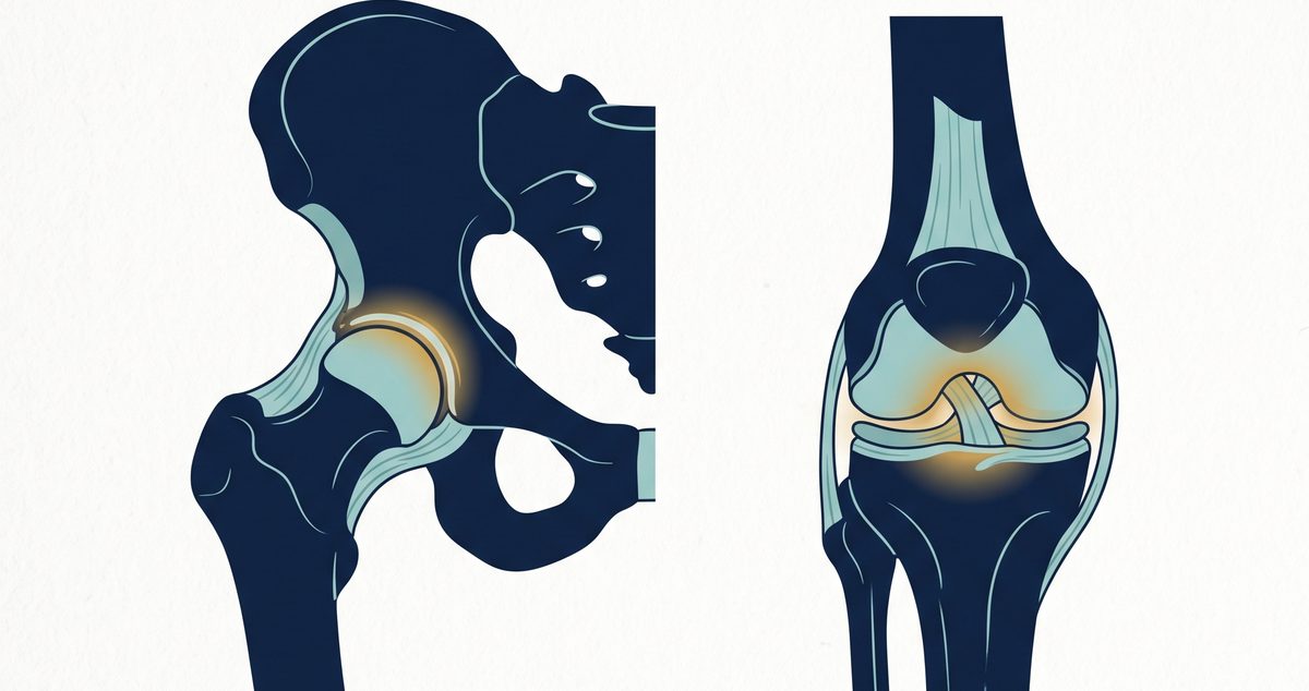 Hip and knee joint anatomy illustration highlighting the joint surfaces affected by the conditions treated by Mr Shakir Hussain in Birmingham