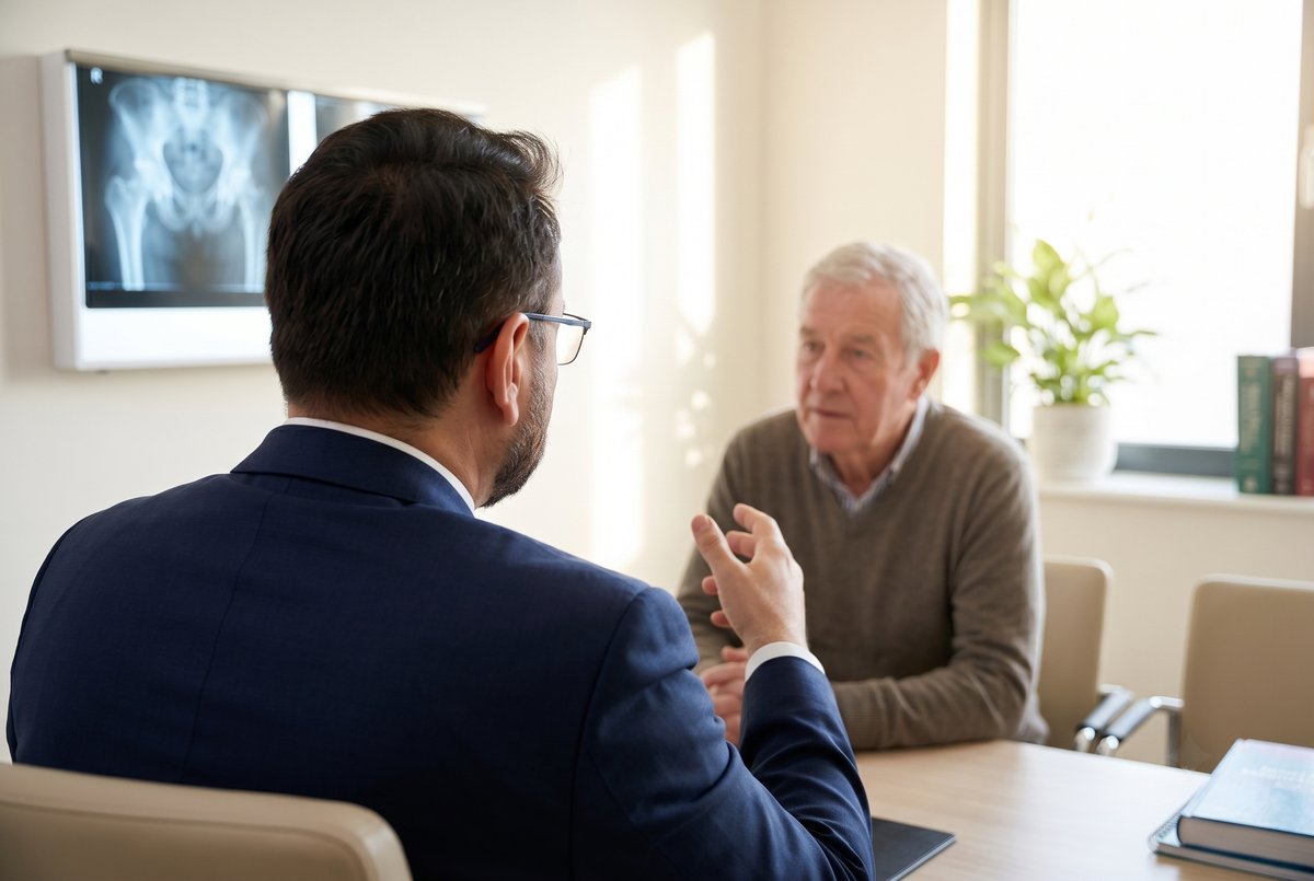Mr Shakir Hussain discussing hip replacement surgery with an older patient during a private consultation in Birmingham, reviewing a hip X-ray