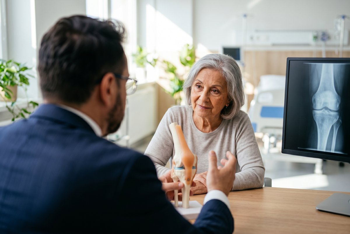Mr Shakir Hussain explaining knee replacement surgery to an older patient using a knee model and X-ray during a private consultation in Birmingham