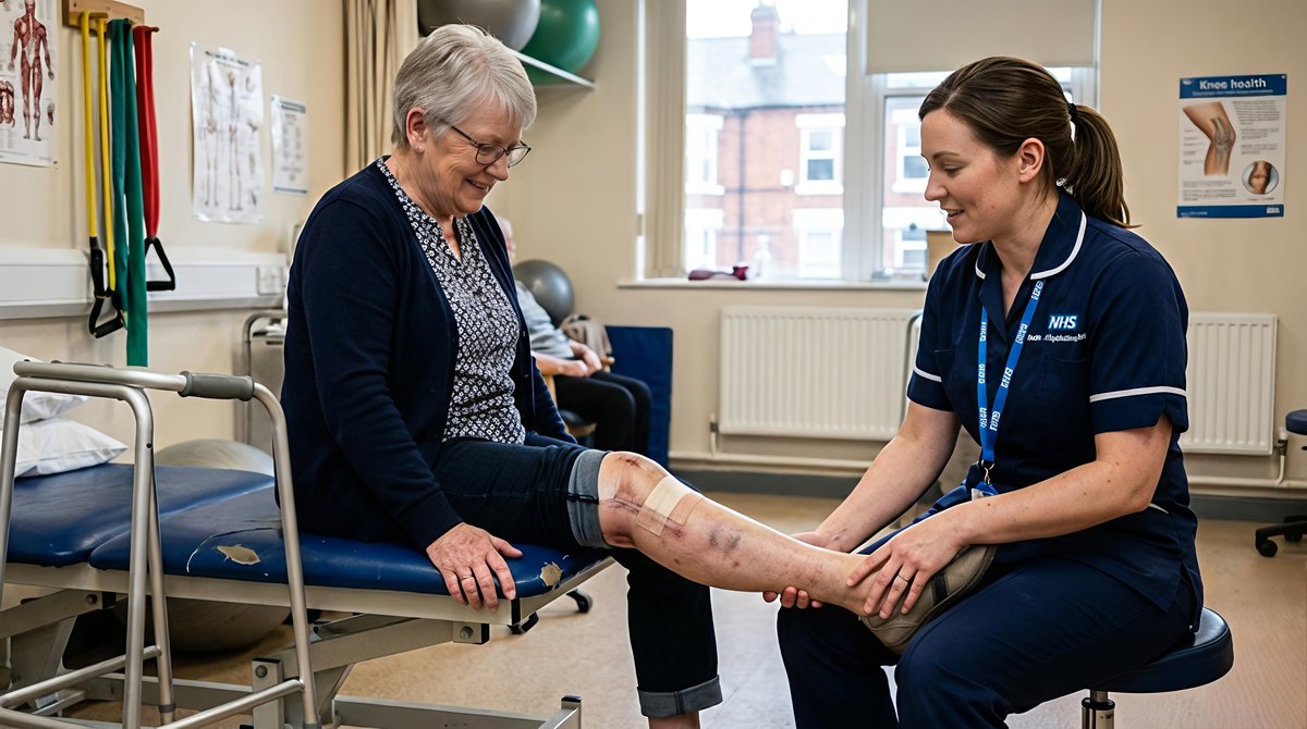 Patient receiving physiotherapy on her knee during recovery after knee replacement surgery in Birmingham with Mr Shakir Hussain