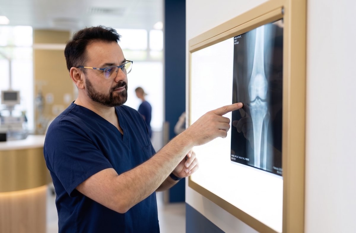 Mr Shakir Hussain, Consultant Orthopaedic Surgeon, reviewing a knee X-ray before knee replacement surgery in Birmingham