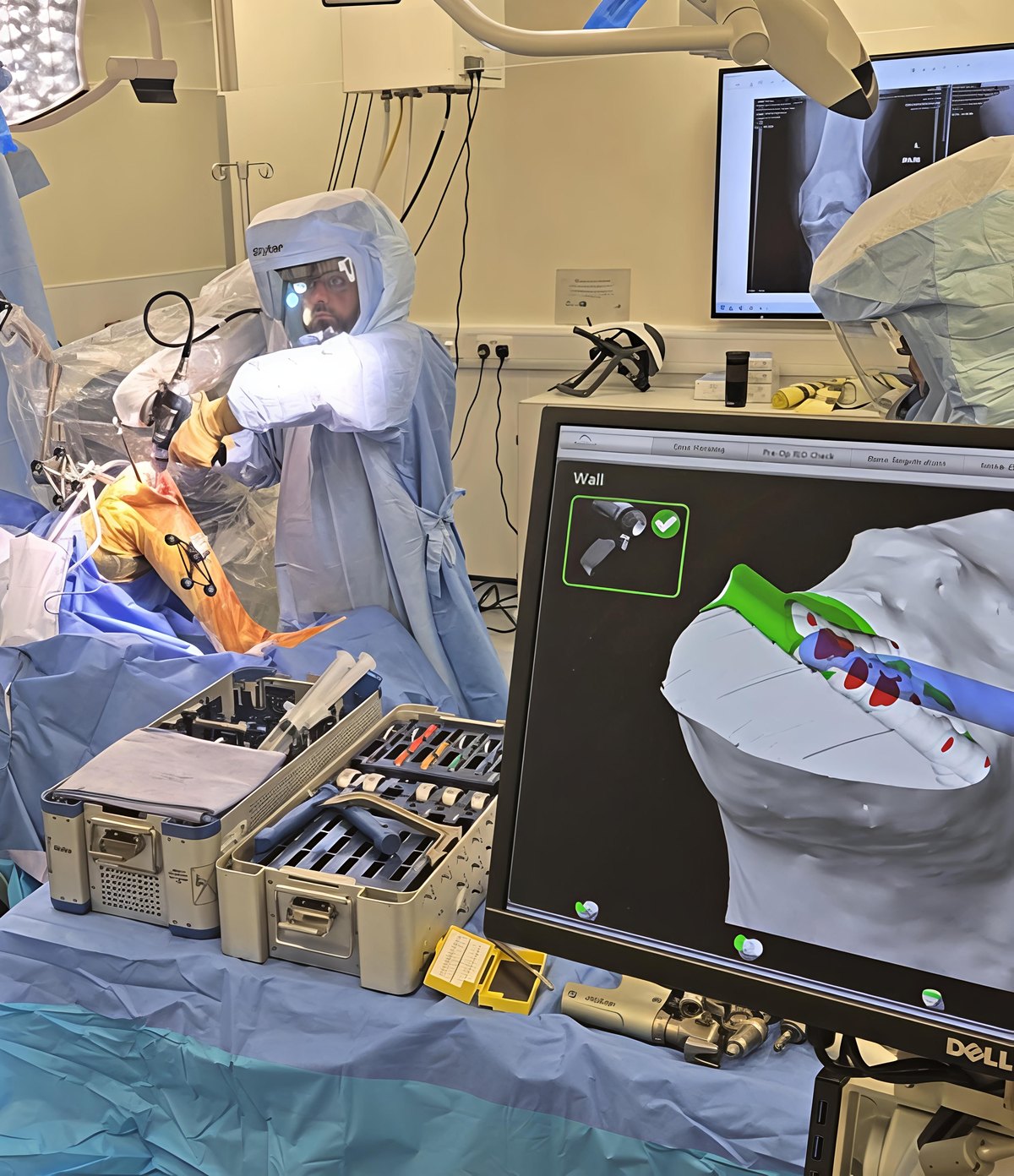 Mr Shakir Hussain performing a MAKO robotic-assisted partial knee replacement in theatre at the Royal Orthopaedic Hospital Birmingham, with the MAKO 3D bone-mapping plan on screen