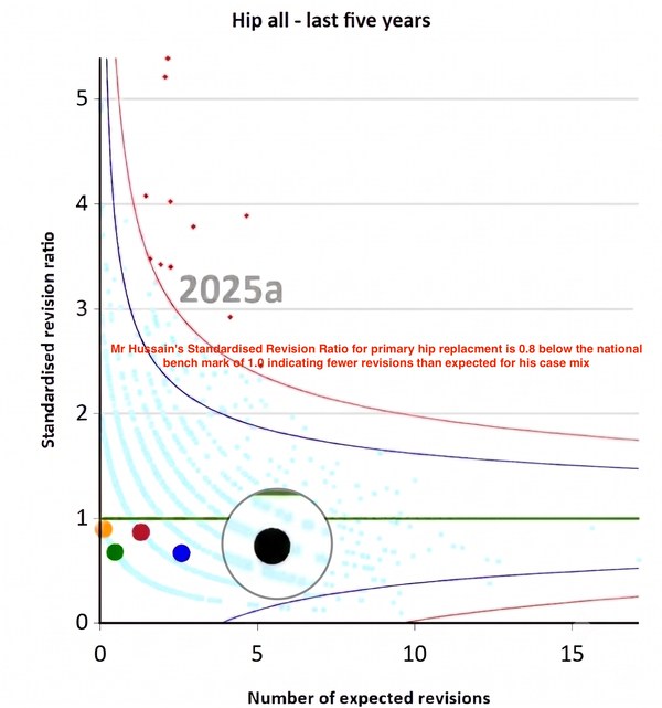 NJR funnel plot showing Mr Shakir Hussain's hip replacement revision rate below the national average, with a Standardised Revision Ratio of 0.8, around 20% fewer revisions than expected. Mr Hussain performs hip replacement and hip resurfacing surgery in Birmingham at the Royal Orthopaedic Hospital.
