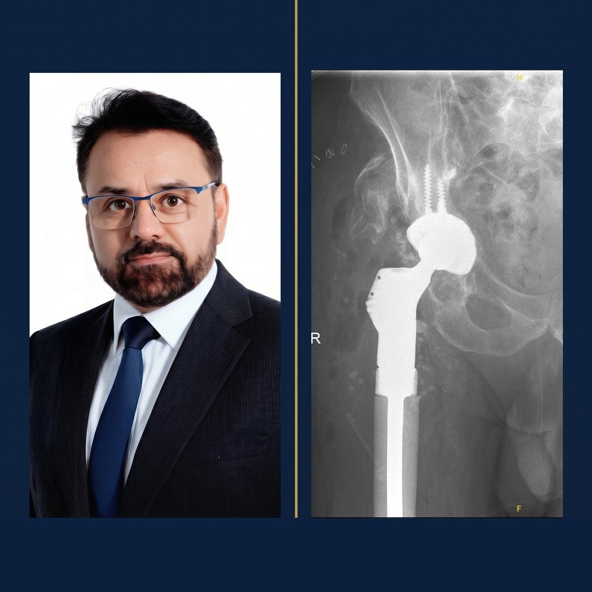 Revision hip and knee replacement surgery in Birmingham: Mr Shakir Hussain, Consultant Orthopaedic Surgeon, with a post-operative x-ray of a revision hip replacement