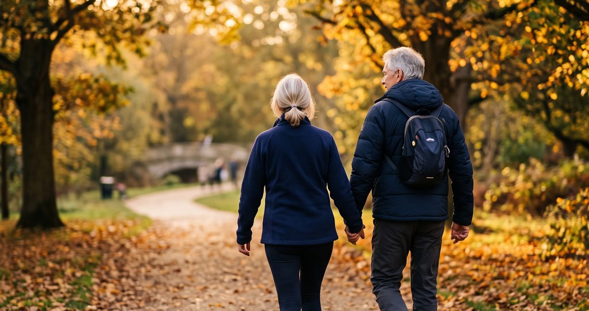 Revision hip replacement in Birmingham: older couple walking comfortably in the park after successful revision surgery for a failed hip replacement