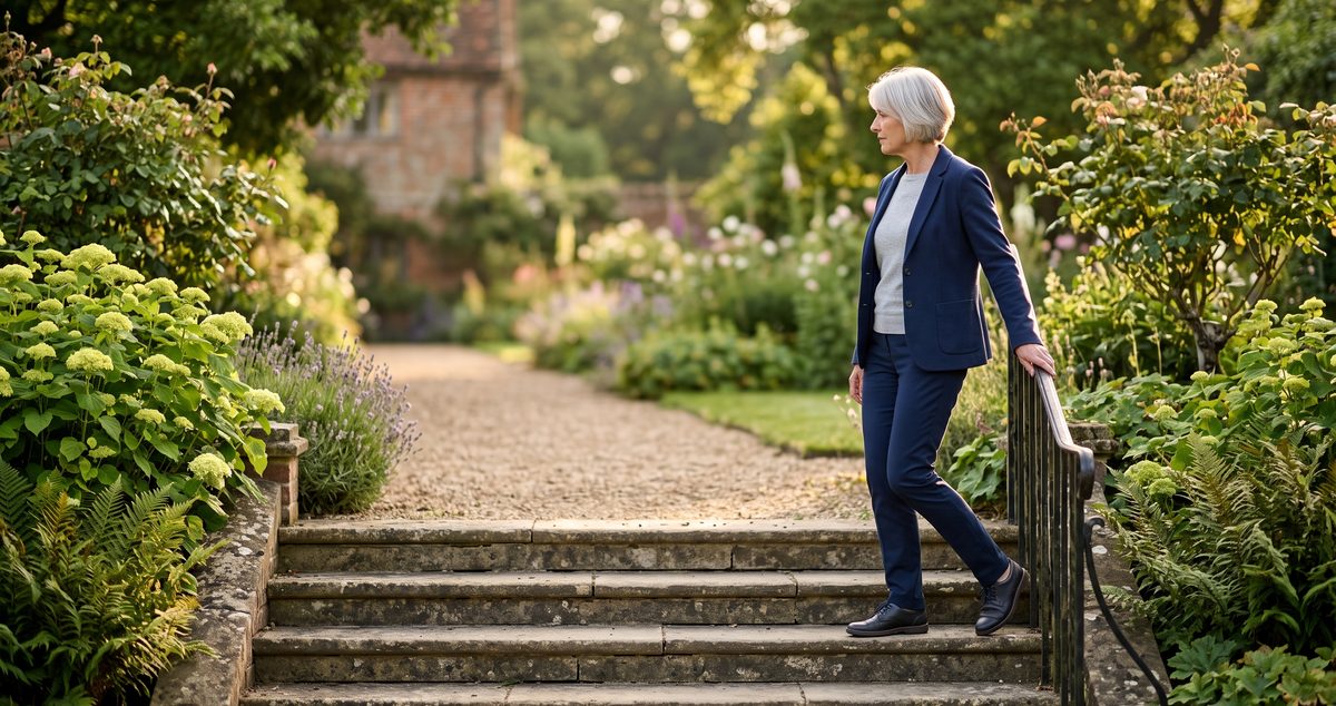 Revision knee replacement in Birmingham: patient walking confidently down garden steps after revision surgery for a failed knee replacement