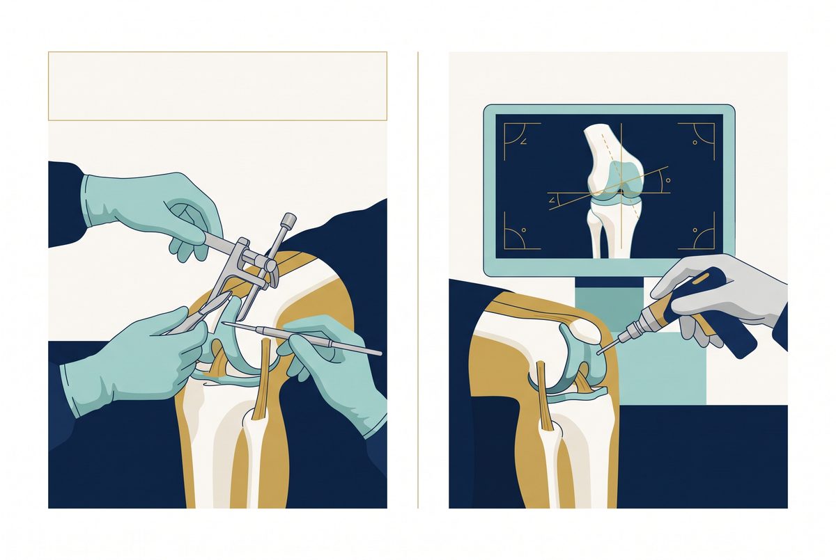 Illustration comparing conventional knee replacement using jigs and manual instruments with robotic-assisted knee replacement guided by a 3D navigation screen