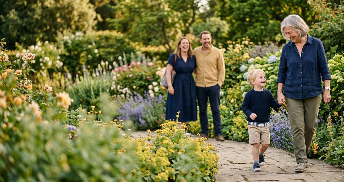 Patient walking comfortably with family in a garden after total hip replacement surgery in Birmingham with Mr Shakir Hussain