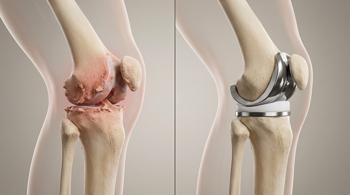 Illustration of total knee replacement comparing a knee with severe arthritis to the metal and plastic implant